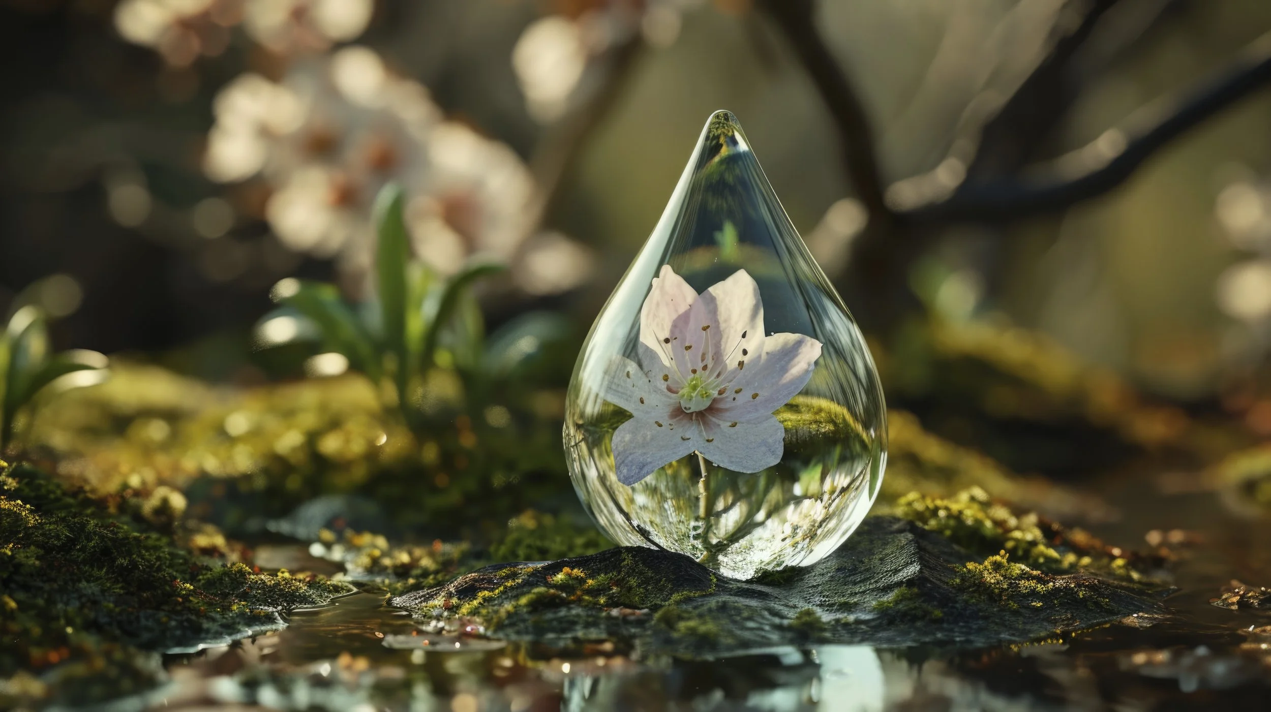 Photorealistic fantasy image of a flower inside a large water droplet against a nature background