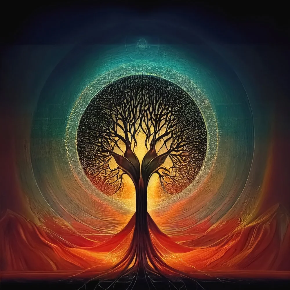 Circular illustration of a tree silhouette against and blue and orange background