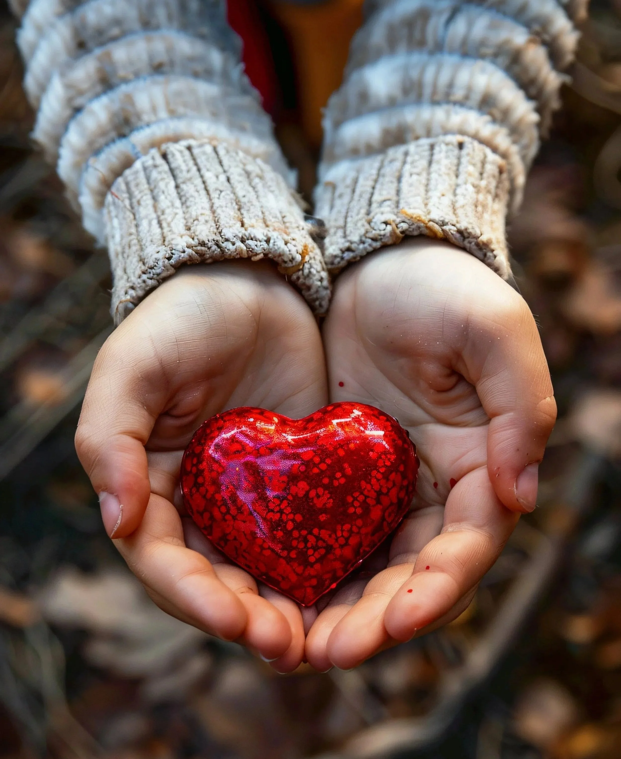 Photo showing a young person's hands holding a small heart-shaped red balloon in their palms