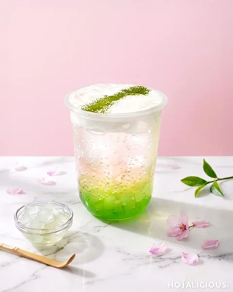 Sakura green apple aloe sparkling soda with layered gradient and refreshing texture