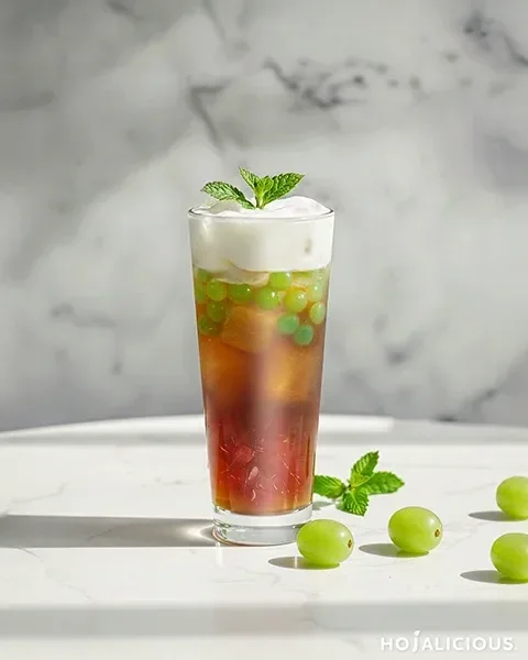 Grape Tieguanyin Cheese Foam Tea combines aromatic Tieguanyin oolong tea with grape-flavored coconut jelly, popping boba, and smooth cheese foam, offering a layered and refreshing bubble tea experience.