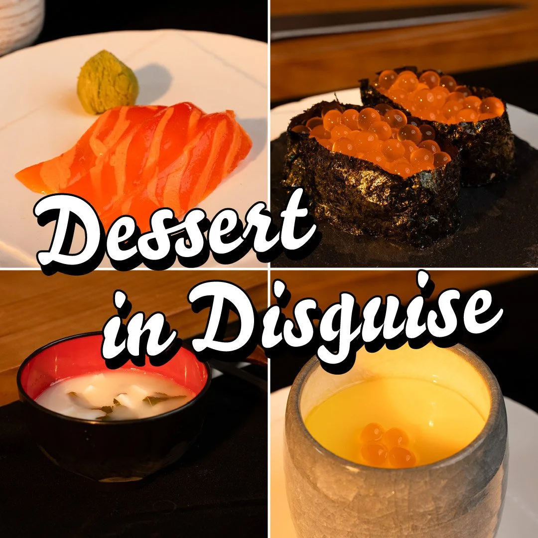 A collage of realistic jelly desserts styled like Japanese dishes—sashimi, gunkan sushi, miso soup, and chawanmushi—with the title “Dessert in Disguise.”