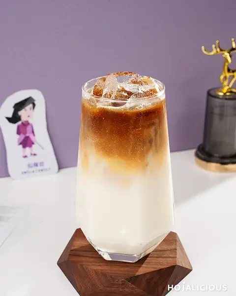 ENTJ Iced Coconut Latte, layered coconut coffee drink with espresso