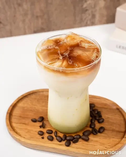 Vanilla Matcha Coffee, iced vanilla matcha latte with layered espresso, vanilla and matcha