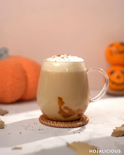 Hot Pumpkin Latte with warm caramel tones and cinnamon dust, cozy autumn drink