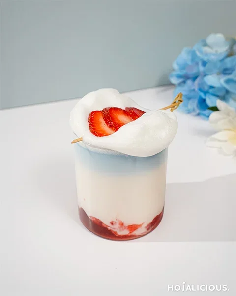 ESFJ Strawberry Cloud Latte, strawberry milk drink with jam, foam, and butterfly pea layer