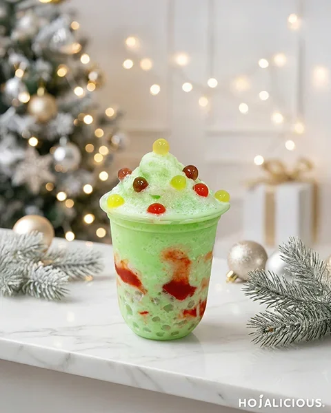 Strawberry Avocado Smoothie with popping pearls, designed as a Christmas Tree visual.