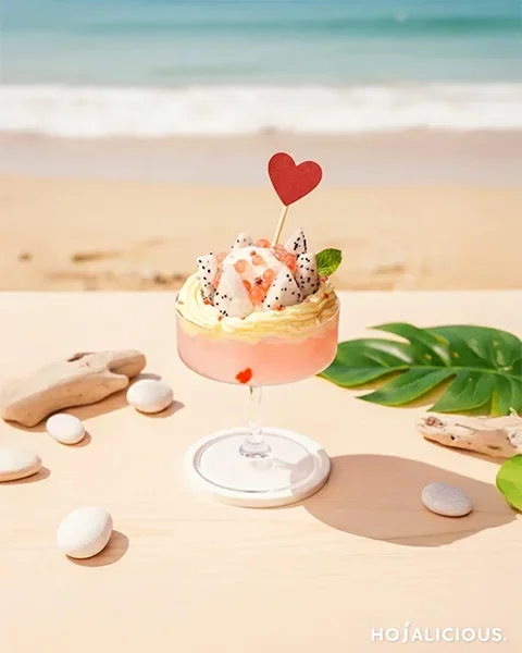 A layered pink peach slush dessert topped with strawberry ice cream and fresh fruit, set against a sunny beach background.