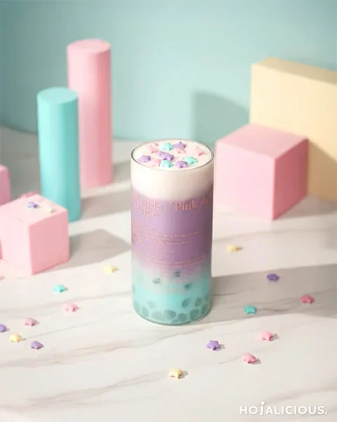 Cotton Candy Taro Milk Tea with Lychee Popping Boba