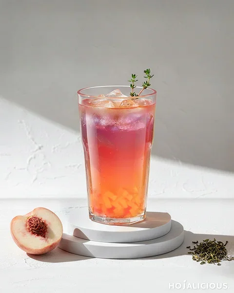 Iced peach oolong with nata de coco made with Golden High Mountain Oolong Tea and white peach jam
