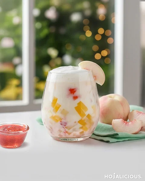Peach iced milk drink made with white peach jam, fresh milk, and nata de coco