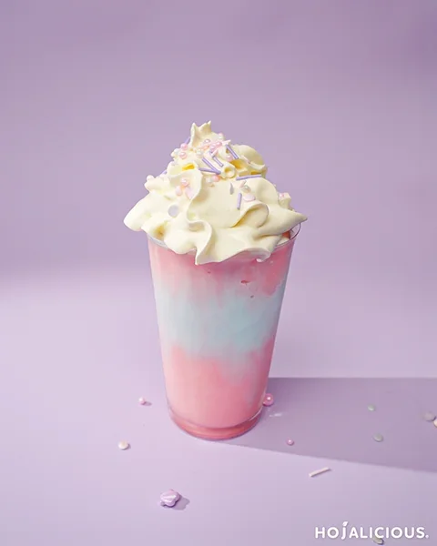 Pink strawberry milk tea frappe layered with cotton candy flavor and topped with whipped cream and colorful sprinkles