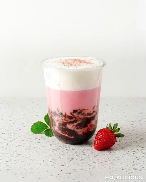 Strawberry milk tea with cookie crumble and cream foam in a layered dessert-style presentation