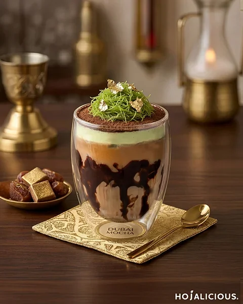 Dubai chocolate mocha with pistachio cream foam and crispy kataifi topping