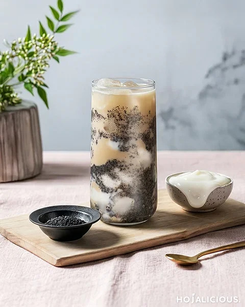 Black sesame mochi oolong milk tea with chewy texture and marbled sesame layers