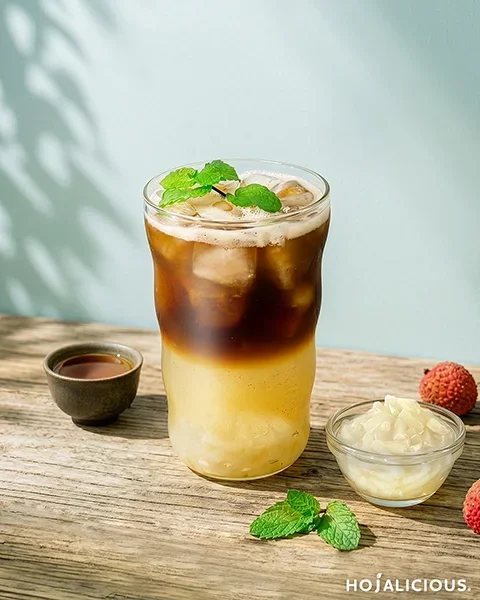 Lychee sparkling roasted oolong tea with pineapple nata de coco and layered tea