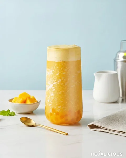 A Mango Jasmine Boba Slush made with jasmine green tea, mango slush, mango popping boba, and creamy mango foam, creating a refreshing layered summer beverage.