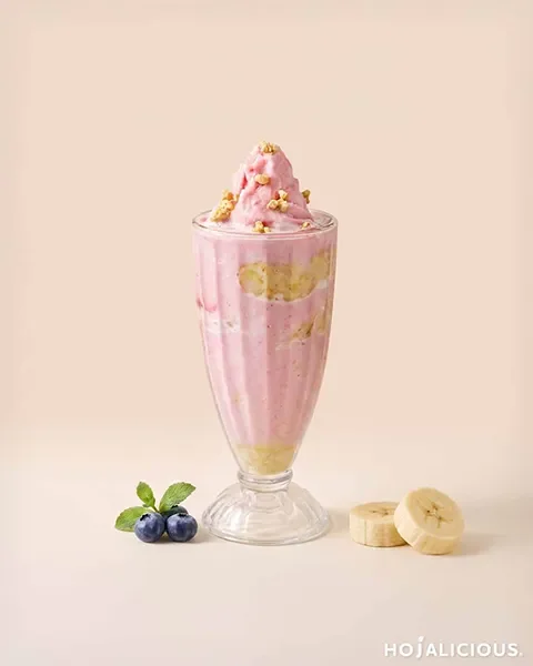 Blueberry Banana Yogurt Smoothie made with yogurt drink, fresh banana, blueberry syrup, topped with blueberry syrup and oat cereal.