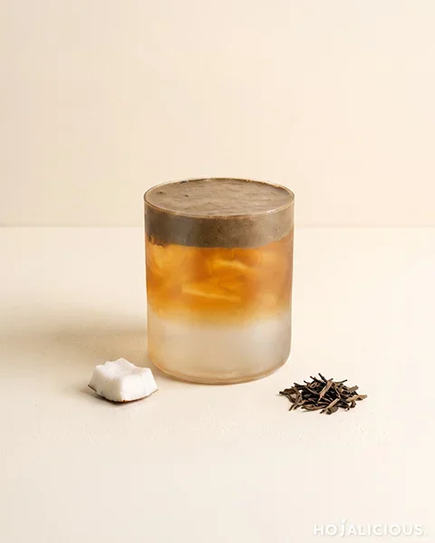 Hojicha Coconut Oolong Tea Cream Foam — a layered drink with a coconut base, an amber Dong Ding oolong layer, and roasted hojicha cream foam on top.