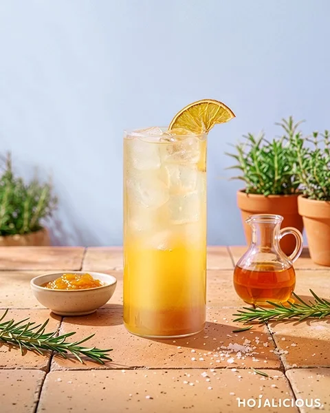 Mango Citrus Oolong Tea made with mango jam, orange syrup, Golden Mountain Tea Base, ice, and dried orange slice, featuring a refreshing golden mango tea with citrus flavor and layered presentation.