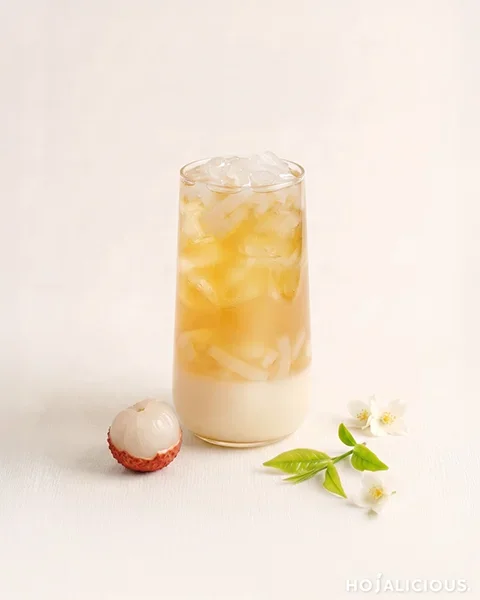 A Lychee Yogurt Oolong Tea made with Four Seasons Oolong Tea, lychee flavor, yogurt notes, and lychee coconut jelly, creating a refreshing fruit tea experience with layered flavors and texture.