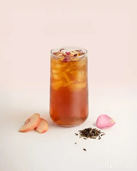Rose Peach Earl Grey Tea made with Earl Grey tea, White Peach Flavor Jam, Rose Flavor Syrup, and dried rose petals.