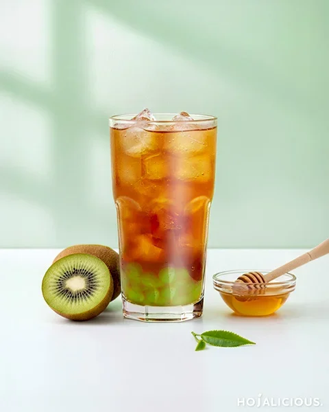 Kiwi lemon honey oolong fruit tea made with roasted Tieguanyin and kiwi popping boba