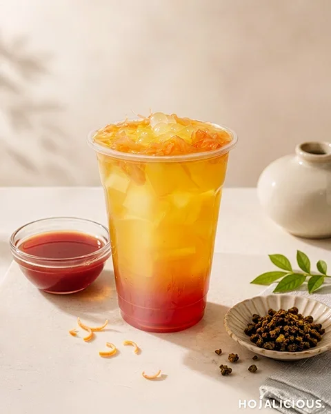 Grapefruit popping boba drink made with Jin Xuan oolong tea