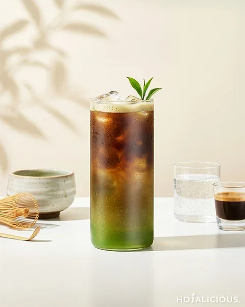 A tall glass of iced Sparkling Matcha Espresso showing a green-to-brown layered gradient, served on a light neutral surface with a ceramic bowl in the background.