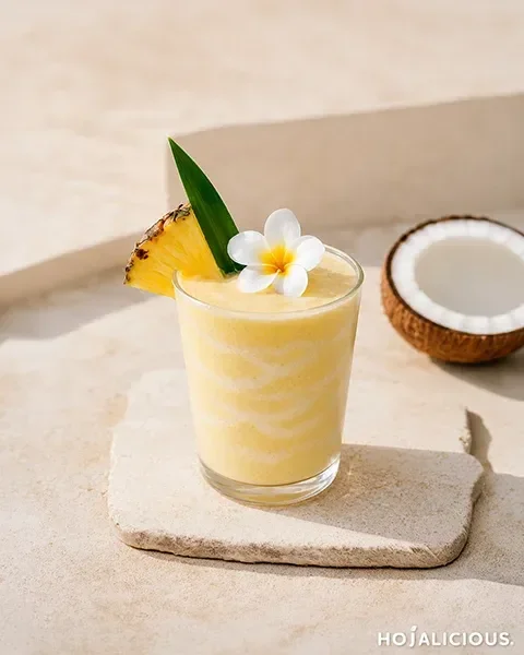 A pale yellow Virgin Piña Colada made with pineapple syrup, 3-in-1 Coconut Beverage Powder, and ice, served in a clear glass and garnished with a pineapple slice and white flower.