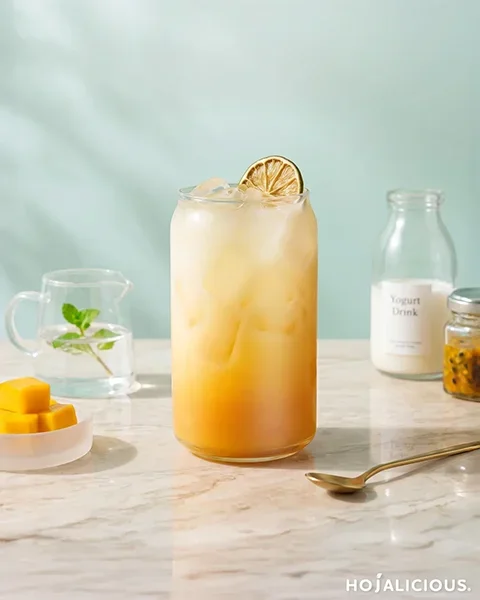 A Mango Passion Fruit Yakult Drink featuring a yogurt-based beverage blended with mango and passion fruit flavors, creating a refreshing tropical fruit experience.