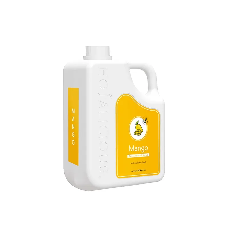 Mango concentrate syrup poured into iced jasmine green tea
