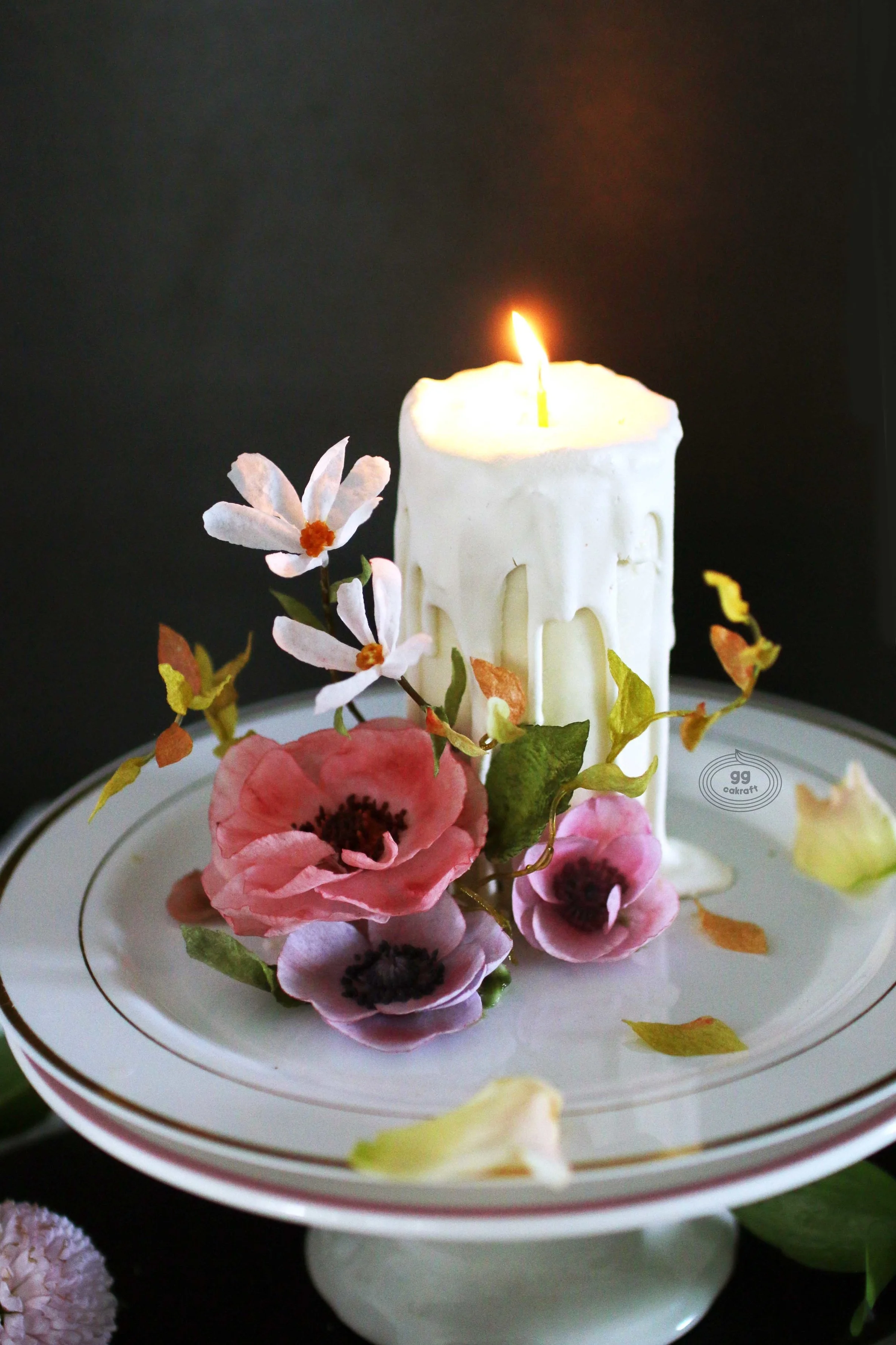 Day 1. Candle cake with Waper paper (All edible) (Real cake) - Candle cake icing - Anemone, Cosmos, Lavander, 3D leaf, 3D stem