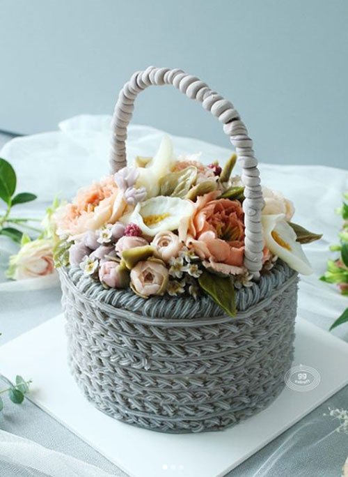 Day 3. Basket cake with handle (Dummy cake) - Basket icing - Peony, Closed Peony, Calla, Wax flower, 3d stem.