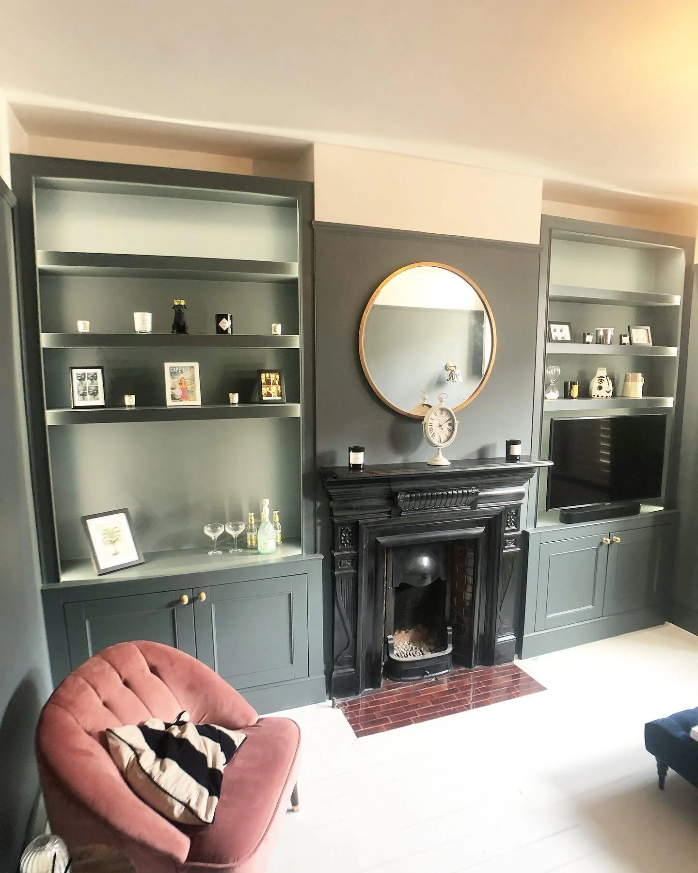 I&rsquo;ve been meaning to post this job for months. Photos of the completed cabinet and shelving build in #Balham - fitted with @philipshue LED strip lighting and finished in @farrowandball Estate Eggshell, colour is &lsquo;Down Pipe&rsquo; - I also