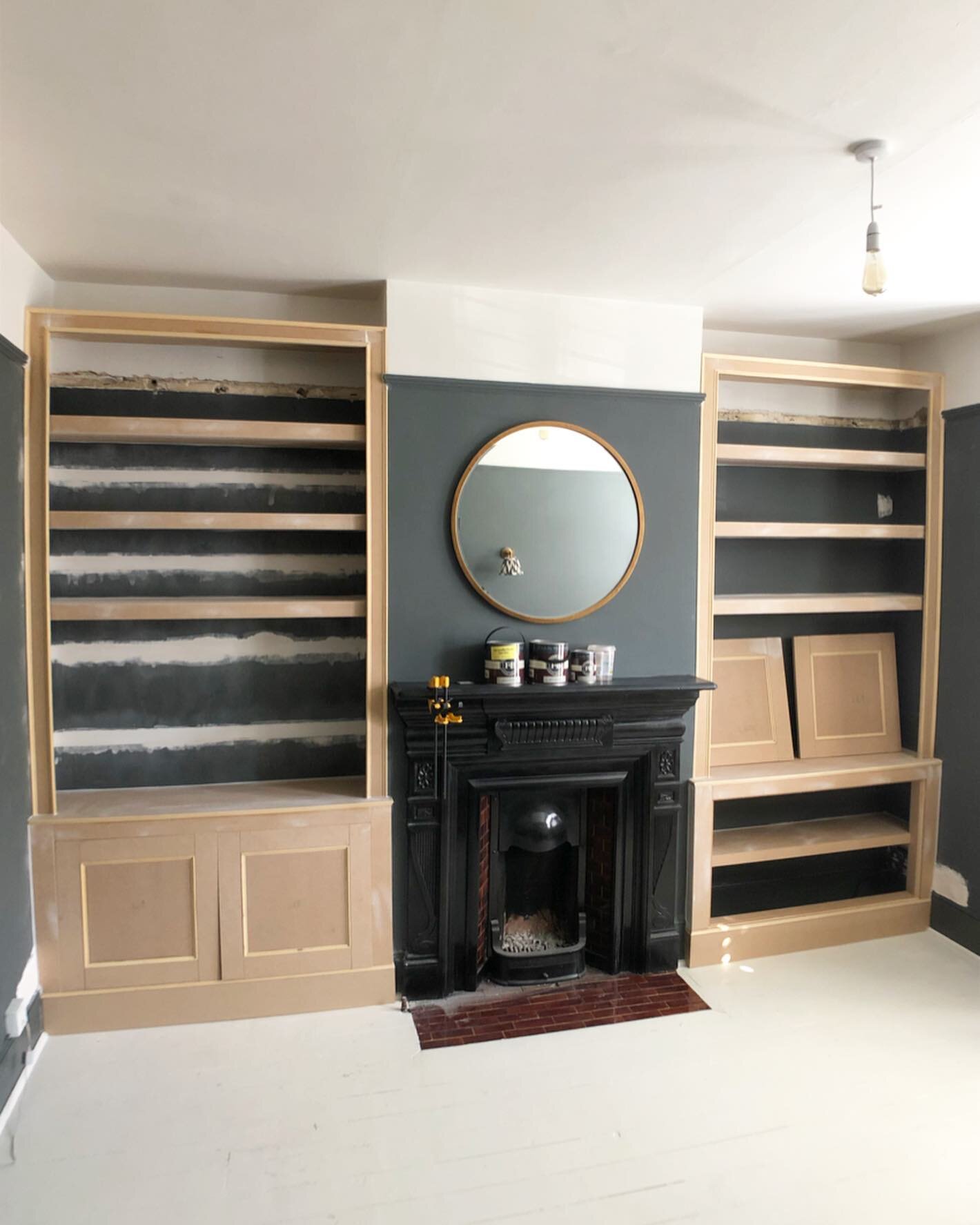 Some progress photos from a recent cabinet and shelving build in #Balham - soon to be finished in @farrowandball &lsquo;Down Pipe&rsquo; Estate Eggshell and then fitted with @philips Hue LED lights. Keep swiping to see the before photos. #RichardsonI