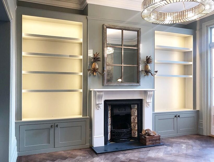 Some more photos of the recently completed cabinet and shelving build in #Dulwich for @a_dulwich_diary - Really happy with how this one has turned out. The LED lighting is dimmable from the main switch. Colour is @farrowandball &lsquo;Pigeon&rsquo; f