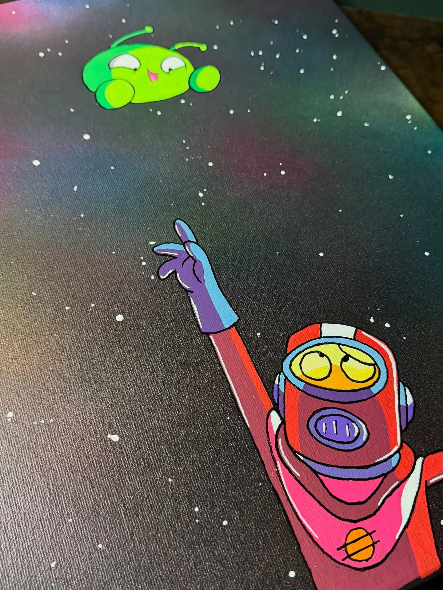 This one deserves a place on the grid.
It reacts so well to the black light.

It won&rsquo;t be hitting the store as it&rsquo;s already been secured for its forever home.

#artofshane #finalspace #mooncake