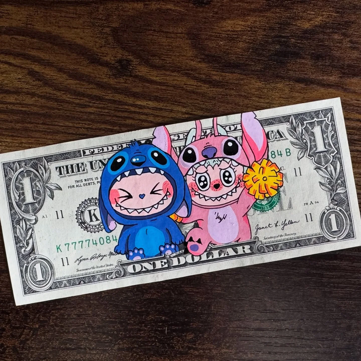 A fun one created the other day, for the kids.
Lilo &amp; Stitch x #labubu 

Hand painted on a genuine $1 dollar bill, available framed/unframed.
#artofshane #liloandstitch #lilostitch #labubuhaveaseat #labubumonster