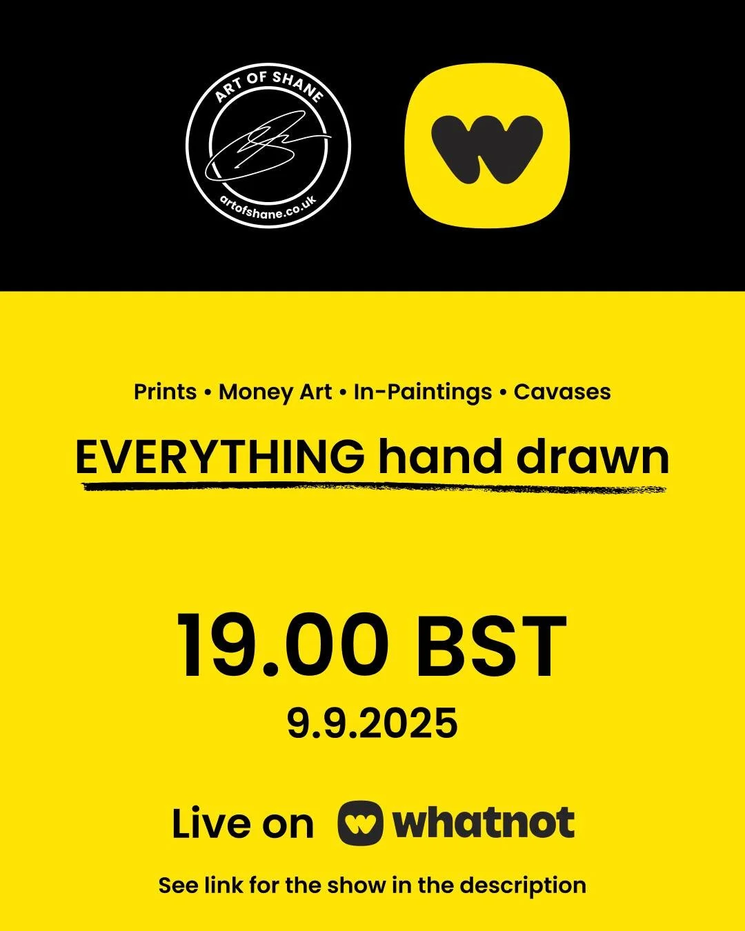 https://www.whatnot.com/live/5b4985b4-4fdc-46d4-b345-006c397d4769
Join me over at Whatnot tomorrow evening for some new, LIVE painting.
I'll also be running a Buy One Get One Free on ALL A4 prints for the duration of the stream.

7pm - don't be late!