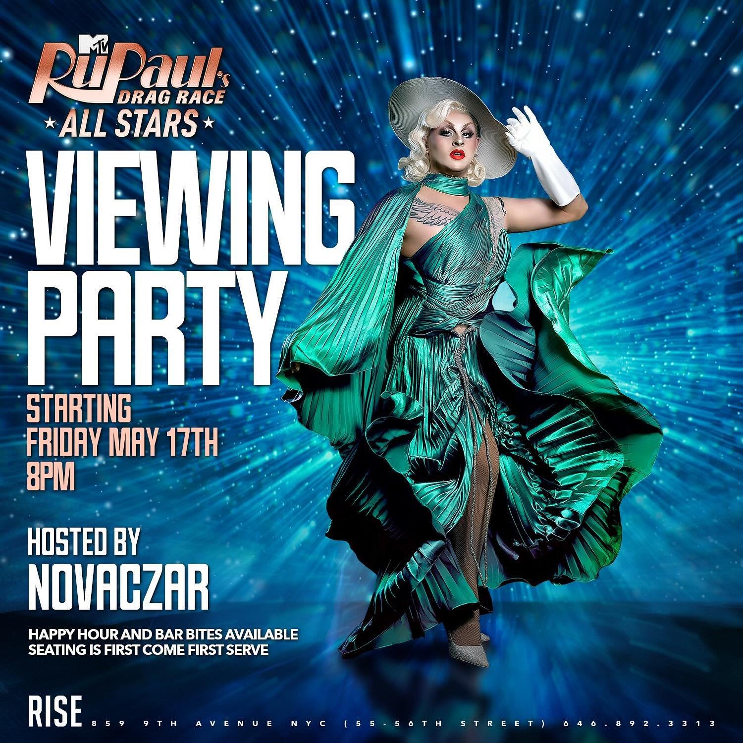 TONIGHT at Rise! Our RPDR All Stars Viewing Party is BACK with Host Novaczar! Show time at 8pm with Happy Hour until 9!