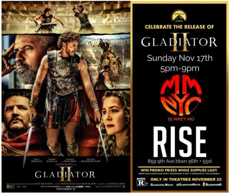 Party with us TODAY at Rise for Happy Hour and get some Gladiator 2 swag while supplies last!