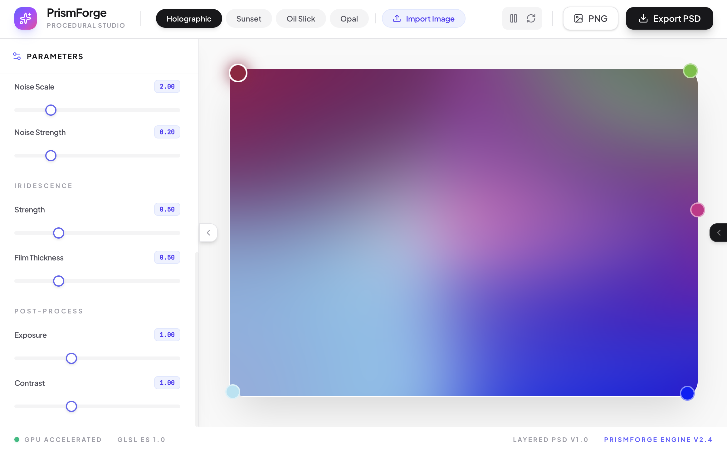 PrismForge: A Procedural Color-Field System for Generative Gradients, Iridescence, and Cross-Media Design Export