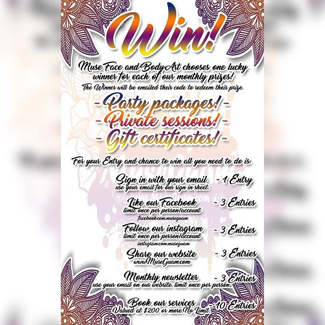 ✨#GIVEAWAY ANNOUNCEMENT!✨
Bib&aring; #MUSEGUAM! Our team is offering monthly chances to WIN great prizes ranging from gift certificates, FREE Henna or Jagua Tattoos, or FREE party package services! ZOOM in to read our flier for more details on how to
