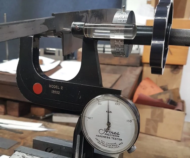 Rockwell Hardness Tester. The industrial standard unit checks the retained hardness and effetiveness of the heat treatment