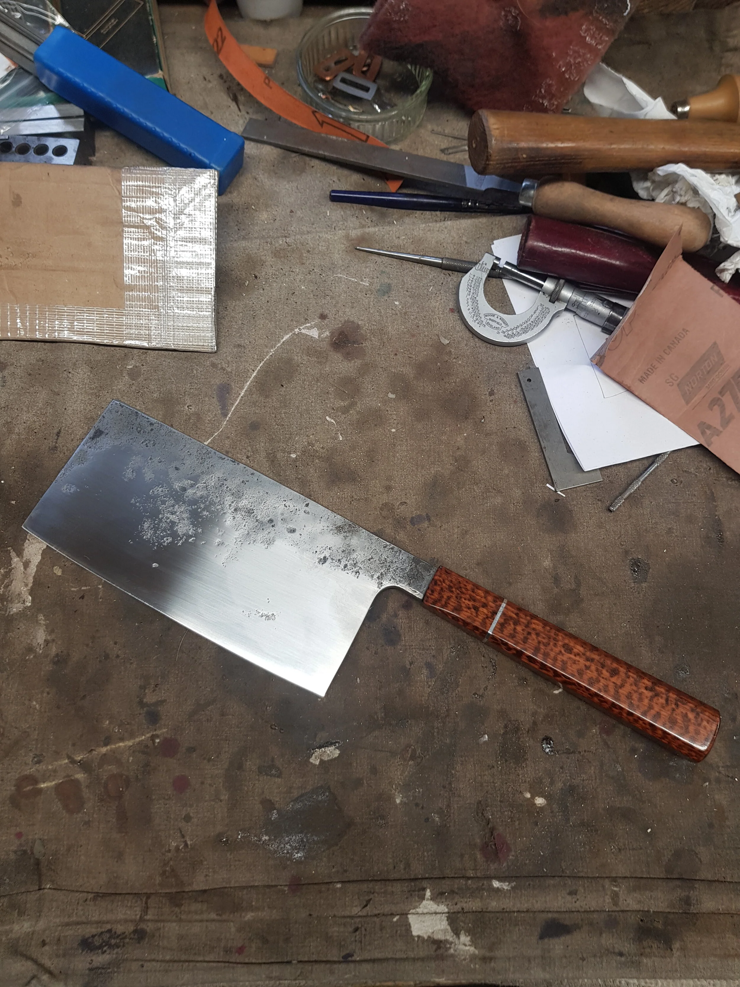 165mm CleaverThis Cleaver was hand-forged from SC125sc a high carbon steel made in a foundry in Witten, Germany that only produces specialised steels. 125sc is smelted from Armco pure iron #4 (the purest commercially available iron) arguably this is…