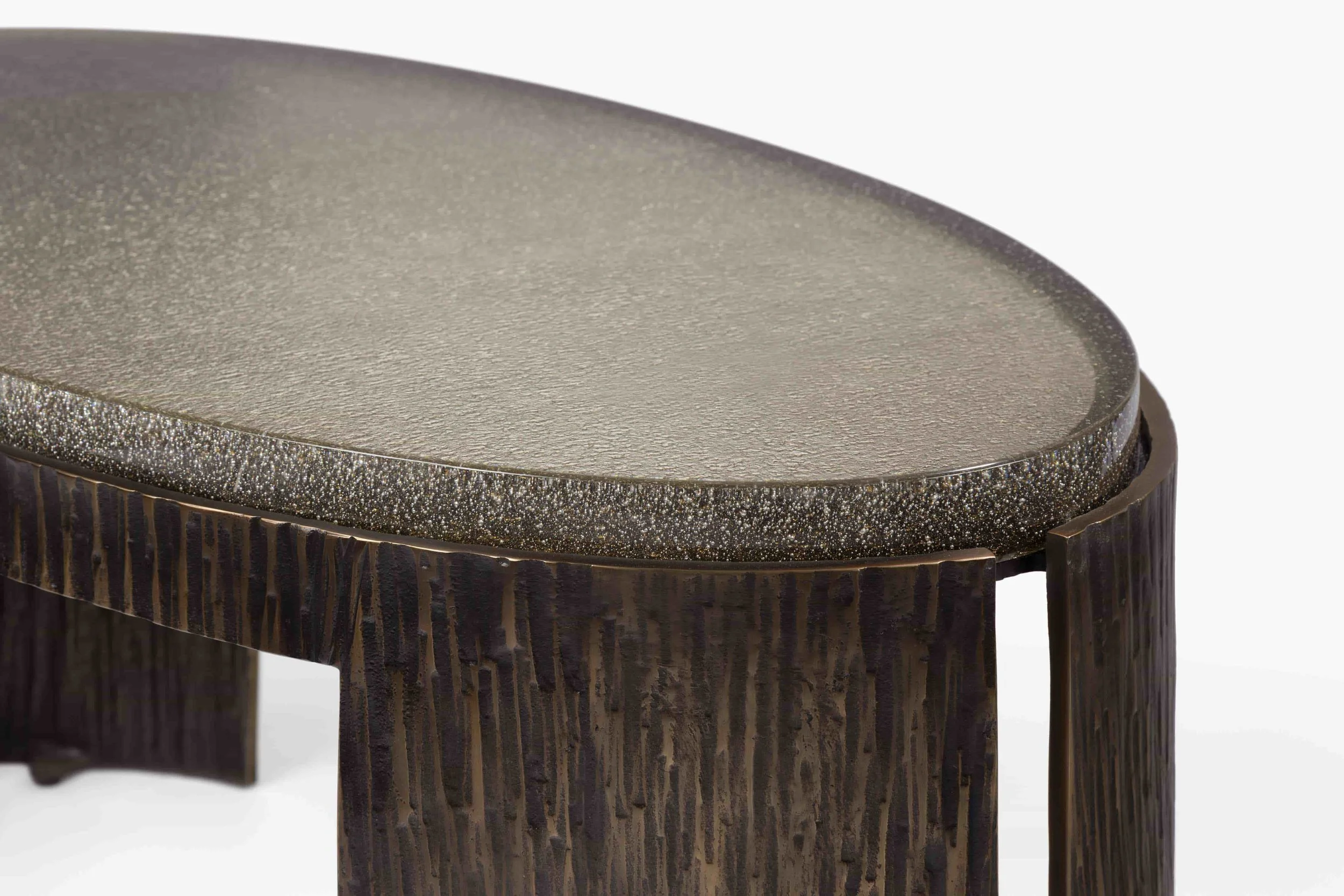 Ogden Cocktail Table No. 2 with cast glass top, 3/4 view detail right edge
