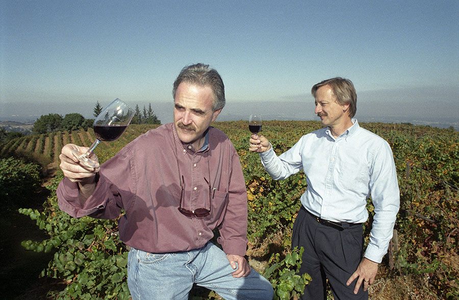 Peter Granoff and his brother-in-law Robert Olson, co-founders of Virtual Vineyards at one of their suppliers' vineyards in the hills above Palo Alto. Granoff, then a leading U.S. sommelier, and Olson with technological background together set up wine retailer Virtual Vineyards in 1995.