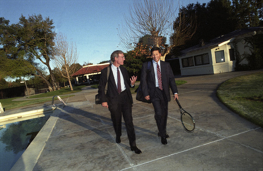 Geoff Yang after an early morning game of tennis with Buz Walters, the then Managing Director of Bankers Trust at his country club in Palo Alto back in late 1997. 