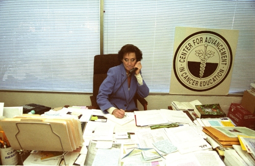 Susan Silberstein speaking to a cancer patient from her office at the ‘Center for Advancement in Cancer Education’ (www.beatcancer.org) in Philadelphia, PA. 